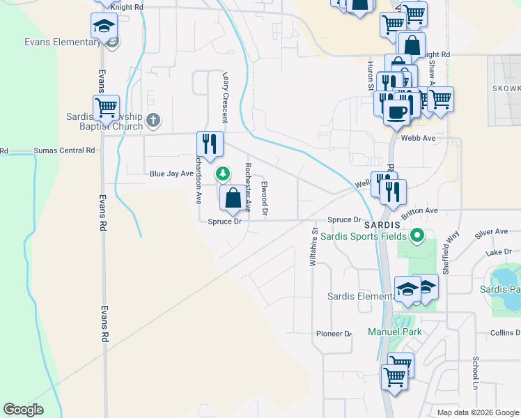 map of restaurants, bars, coffee shops, grocery stores, and more near 7139 Elwood Drive in Chilliwack
