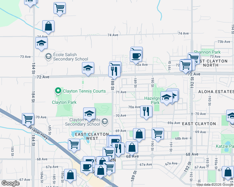 map of restaurants, bars, coffee shops, grocery stores, and more near 18818 71 Avenue in Surrey