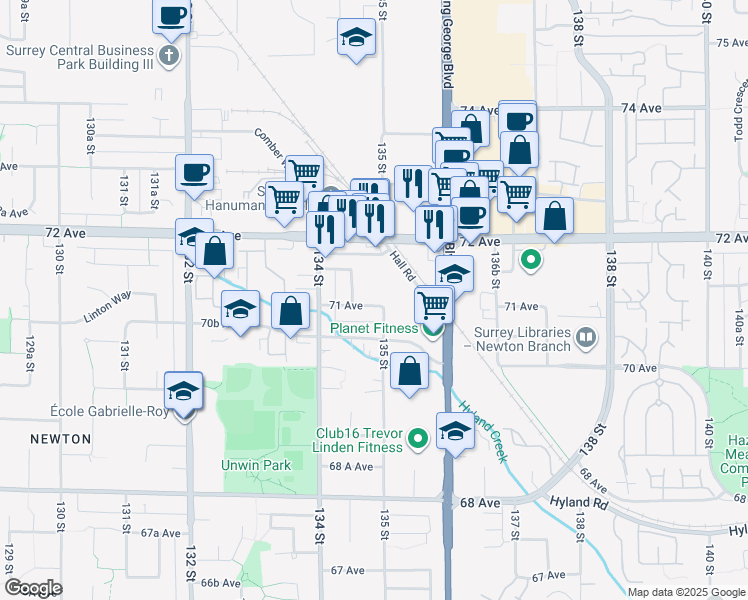 map of restaurants, bars, coffee shops, grocery stores, and more near 13485 71 Avenue in Surrey