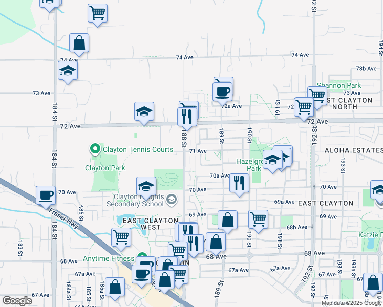 map of restaurants, bars, coffee shops, grocery stores, and more near 18818 71 Avenue in Surrey