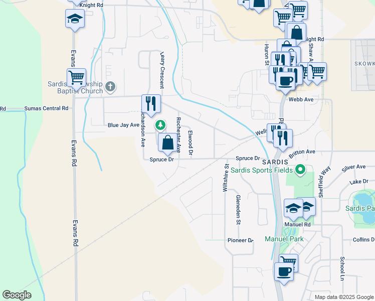 map of restaurants, bars, coffee shops, grocery stores, and more near 7139 Elwood Drive in Chilliwack
