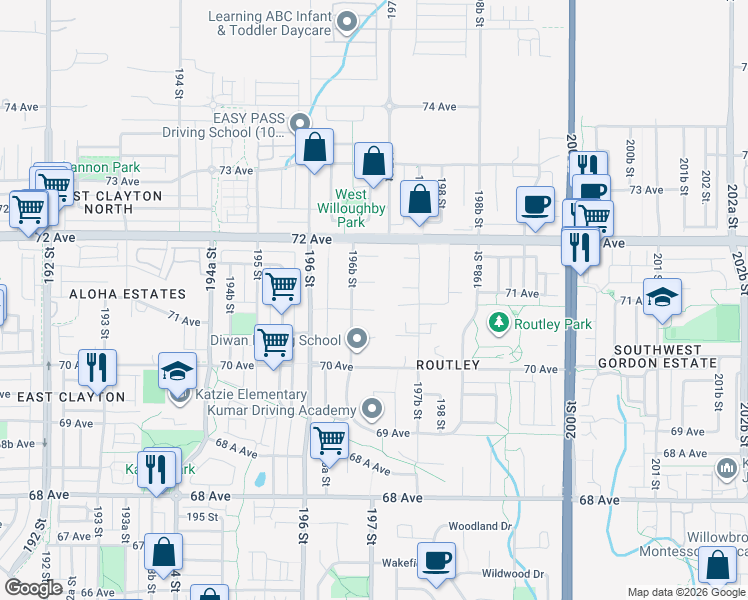 map of restaurants, bars, coffee shops, grocery stores, and more near 19685 71 Avenue in Langley