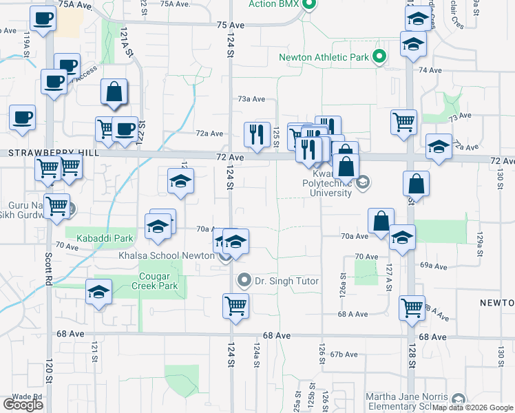 map of restaurants, bars, coffee shops, grocery stores, and more near 7109 125 Street in Surrey