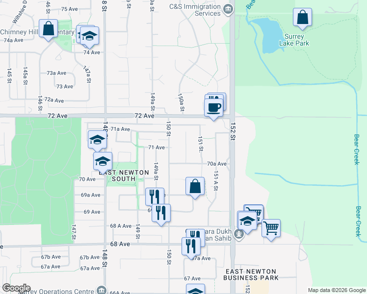 map of restaurants, bars, coffee shops, grocery stores, and more near 7105 150A Street in Surrey