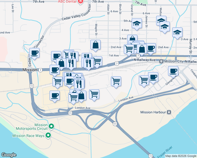 map of restaurants, bars, coffee shops, grocery stores, and more near 32796 Lougheed Highway in Mission