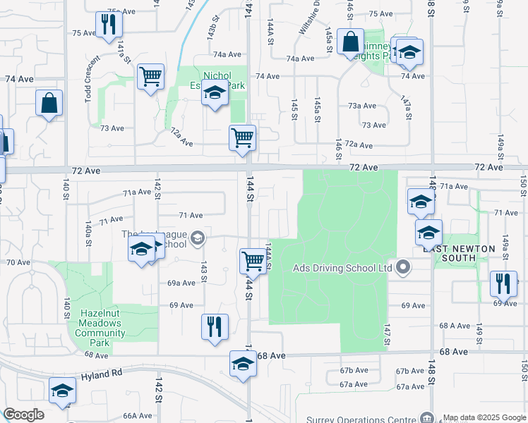 map of restaurants, bars, coffee shops, grocery stores, and more near 7099 144A Street in Surrey