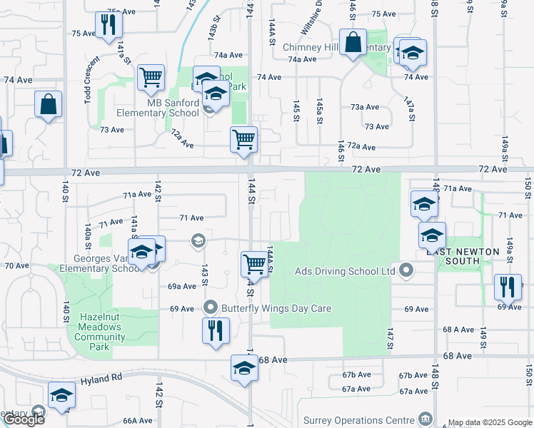 map of restaurants, bars, coffee shops, grocery stores, and more near 7095 144A Street in Surrey