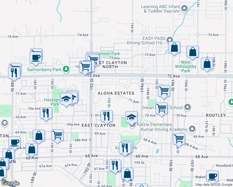 map of restaurants, bars, coffee shops, grocery stores, and more near 19351 71 Avenue in Surrey