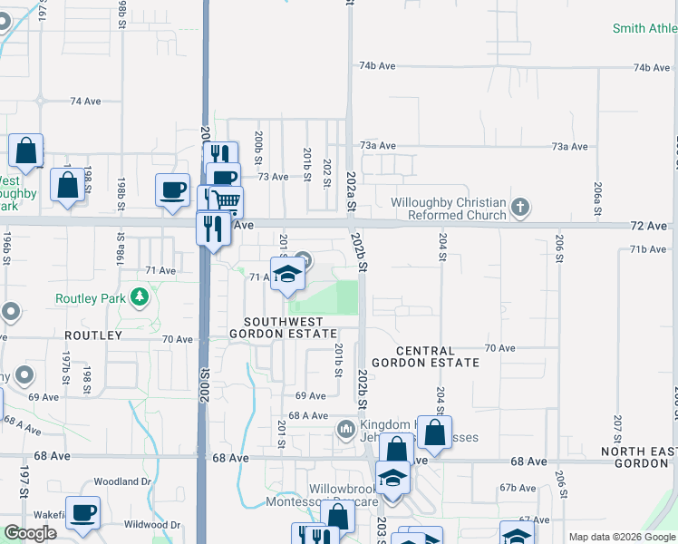 map of restaurants, bars, coffee shops, grocery stores, and more near 20230 71A Avenue in Langley