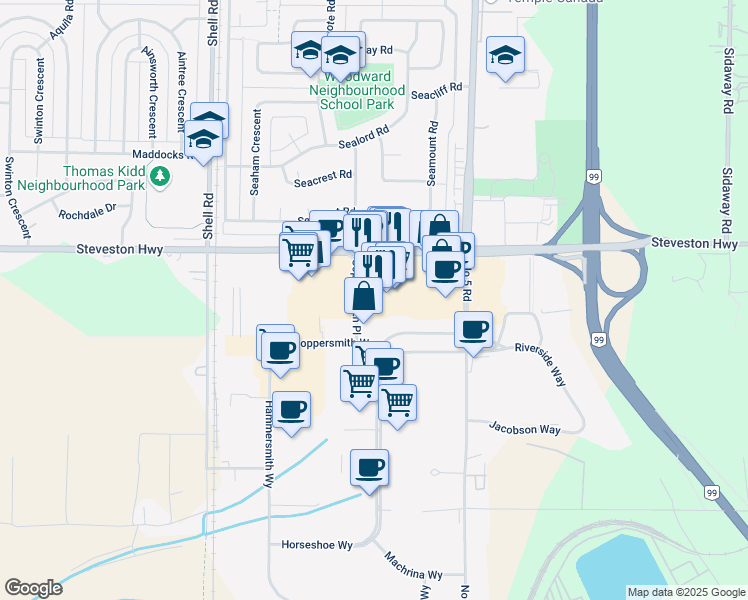 map of restaurants, bars, coffee shops, grocery stores, and more near 11666 Steveston Highway in Richmond