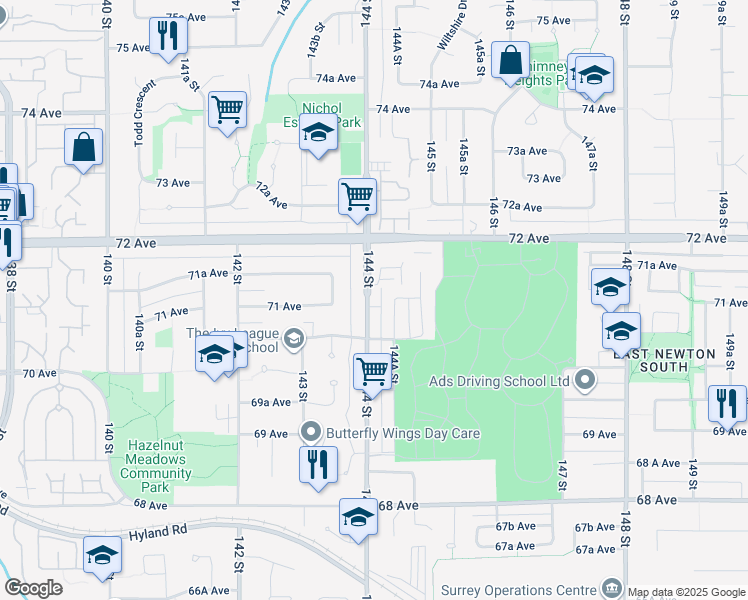 map of restaurants, bars, coffee shops, grocery stores, and more near 7126 144 Street in Surrey