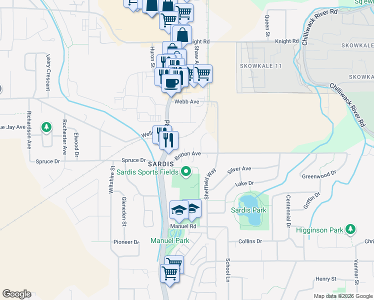 map of restaurants, bars, coffee shops, grocery stores, and more near 45757 Britton Avenue in Chilliwack