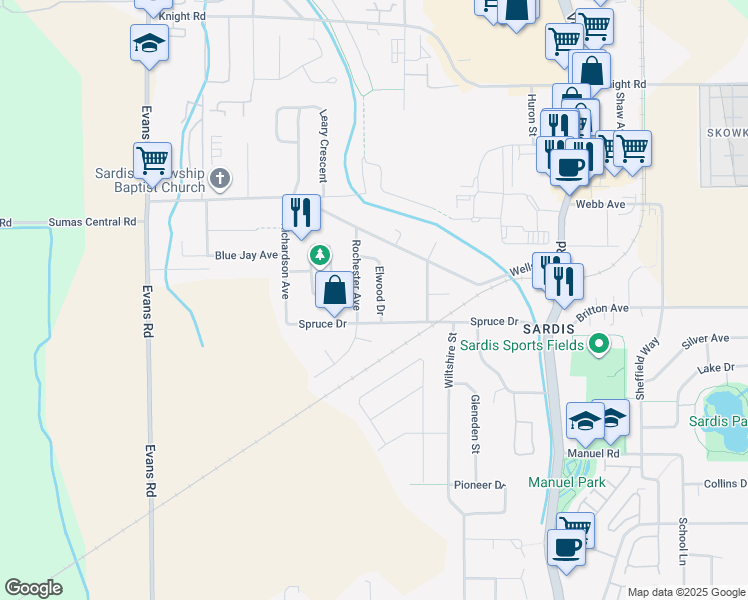 map of restaurants, bars, coffee shops, grocery stores, and more near 7143 Elwood Drive in Chilliwack