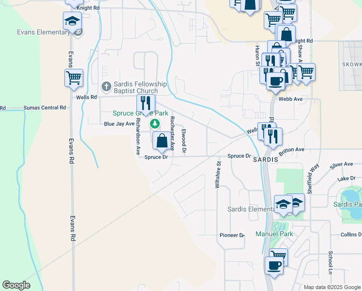 map of restaurants, bars, coffee shops, grocery stores, and more near 7143 Elwood Drive in Chilliwack