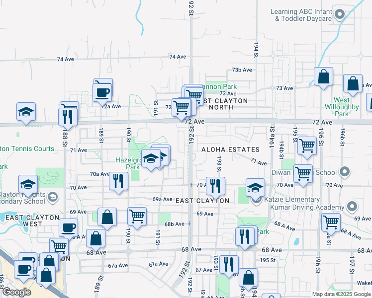 map of restaurants, bars, coffee shops, grocery stores, and more near 7121 192 Street in Surrey
