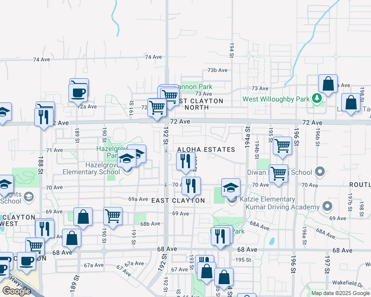 map of restaurants, bars, coffee shops, grocery stores, and more near 19261 71 Avenue in Surrey
