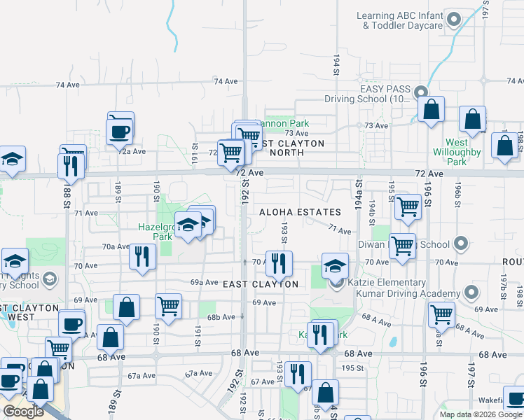 map of restaurants, bars, coffee shops, grocery stores, and more near 19247 71 Avenue in Surrey