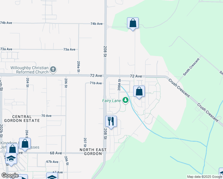 map of restaurants, bars, coffee shops, grocery stores, and more near 7169 208A Street in Langley City