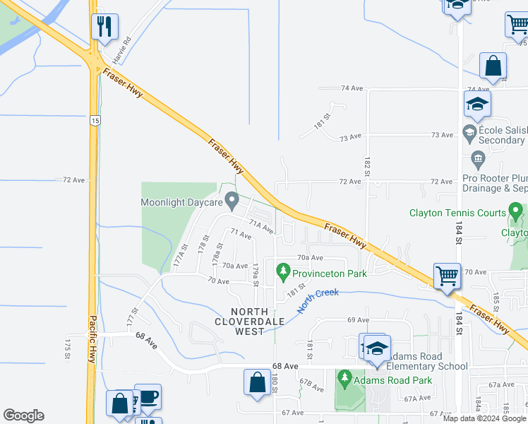 map of restaurants, bars, coffee shops, grocery stores, and more near 7168 179 Street in Surrey