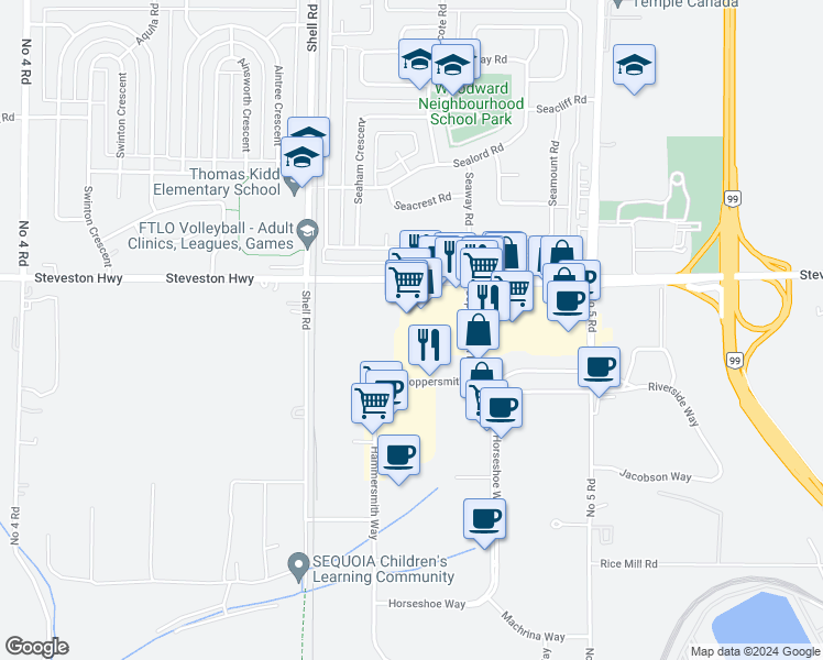 map of restaurants, bars, coffee shops, grocery stores, and more near 11380 Steveston Highway in Richmond