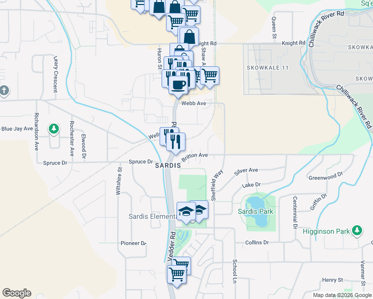 map of restaurants, bars, coffee shops, grocery stores, and more near 45741 Britton Avenue in Chilliwack