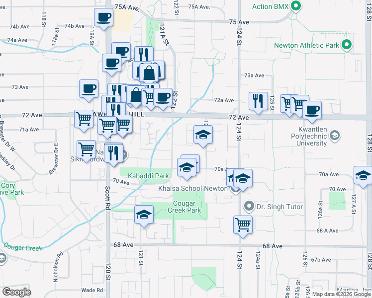 map of restaurants, bars, coffee shops, grocery stores, and more near 7121 122A Street in Surrey