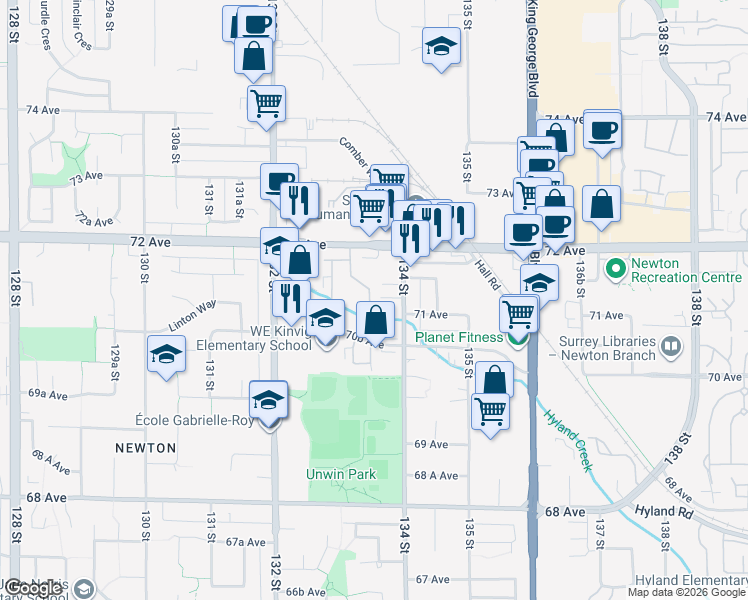 map of restaurants, bars, coffee shops, grocery stores, and more near 7116 133B Street in Surrey