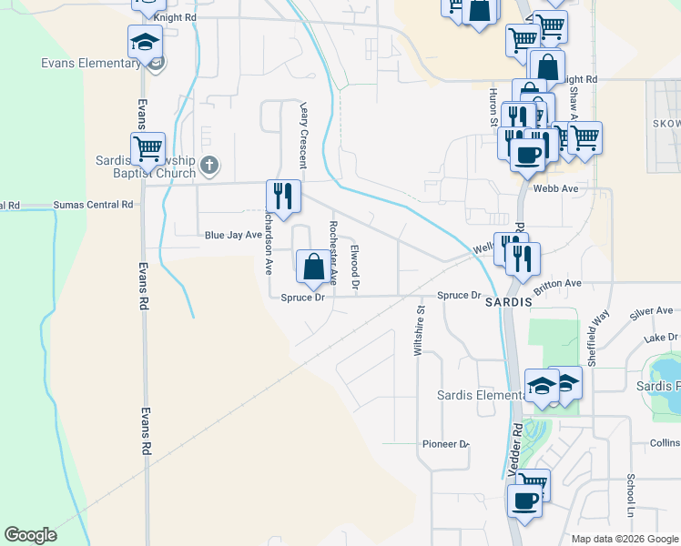 map of restaurants, bars, coffee shops, grocery stores, and more near 7159 Elwood Road in Chilliwack