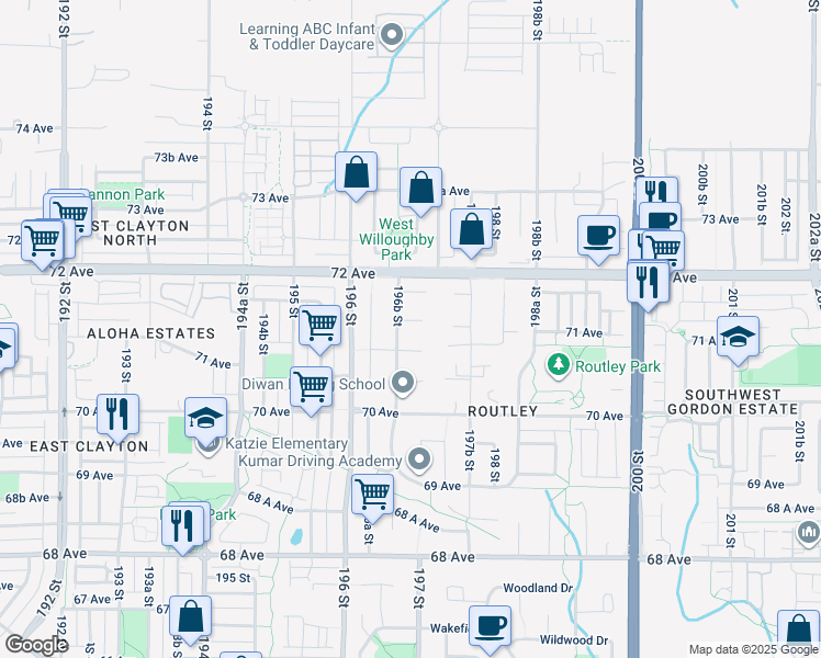 map of restaurants, bars, coffee shops, grocery stores, and more near 19670 71A Avenue in Langley