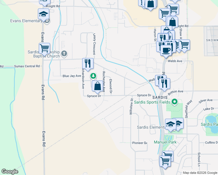map of restaurants, bars, coffee shops, grocery stores, and more near 7147 Elwood Drive in Chilliwack