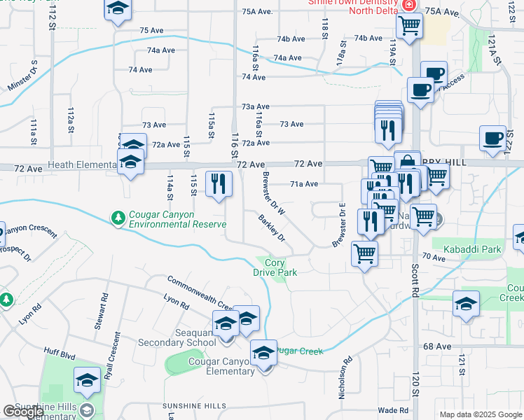 map of restaurants, bars, coffee shops, grocery stores, and more near 7096 Barkley Drive in Delta