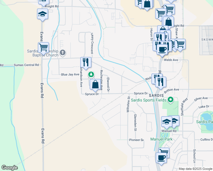 map of restaurants, bars, coffee shops, grocery stores, and more near 7147 Elwood Drive in Chilliwack