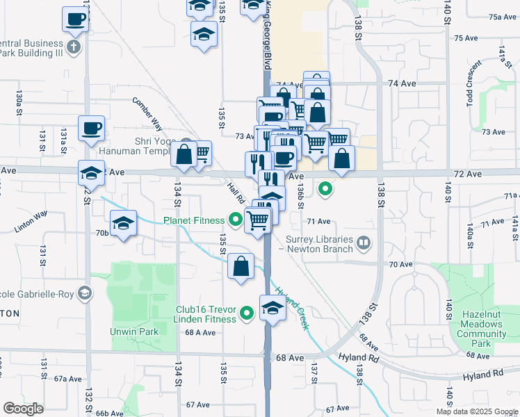 map of restaurants, bars, coffee shops, grocery stores, and more near 7134 King George Boulevard in Surrey
