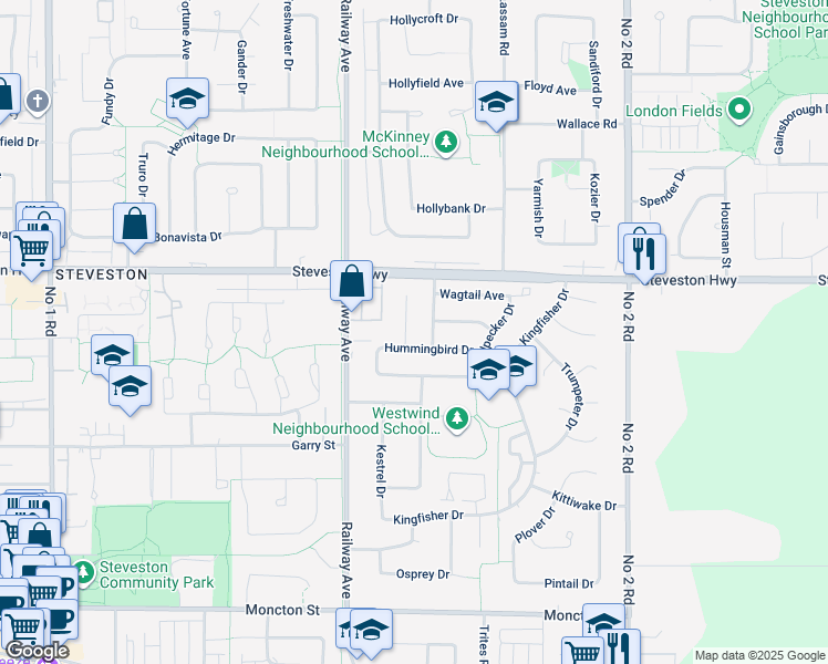 map of restaurants, bars, coffee shops, grocery stores, and more near 11160 Chickadee Court in Richmond