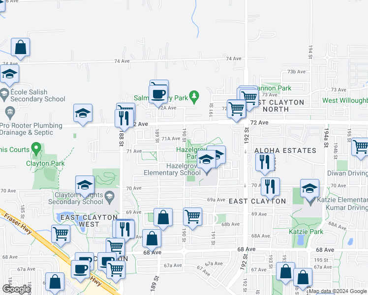 map of restaurants, bars, coffee shops, grocery stores, and more near 19261 71 Avenue in Surrey