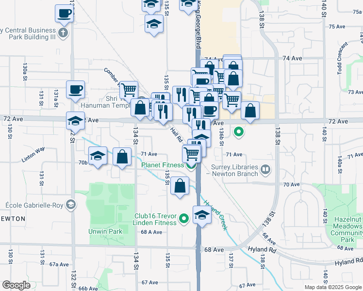 map of restaurants, bars, coffee shops, grocery stores, and more near 7165 Hall Road in Surrey