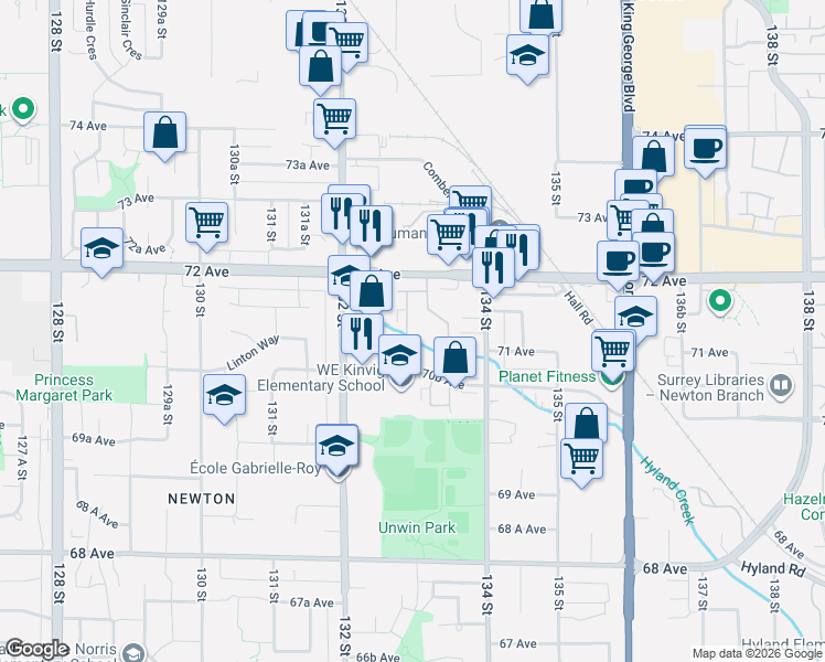 map of restaurants, bars, coffee shops, grocery stores, and more near in Surrey