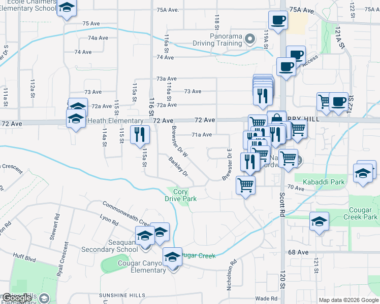 map of restaurants, bars, coffee shops, grocery stores, and more near 7072 Brewster Drive West in Delta