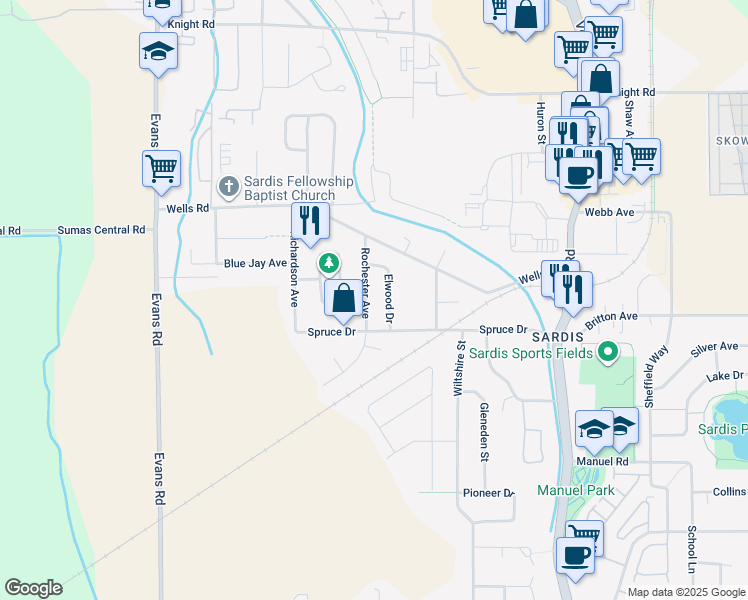 map of restaurants, bars, coffee shops, grocery stores, and more near 7148 Rochester Avenue in Chilliwack