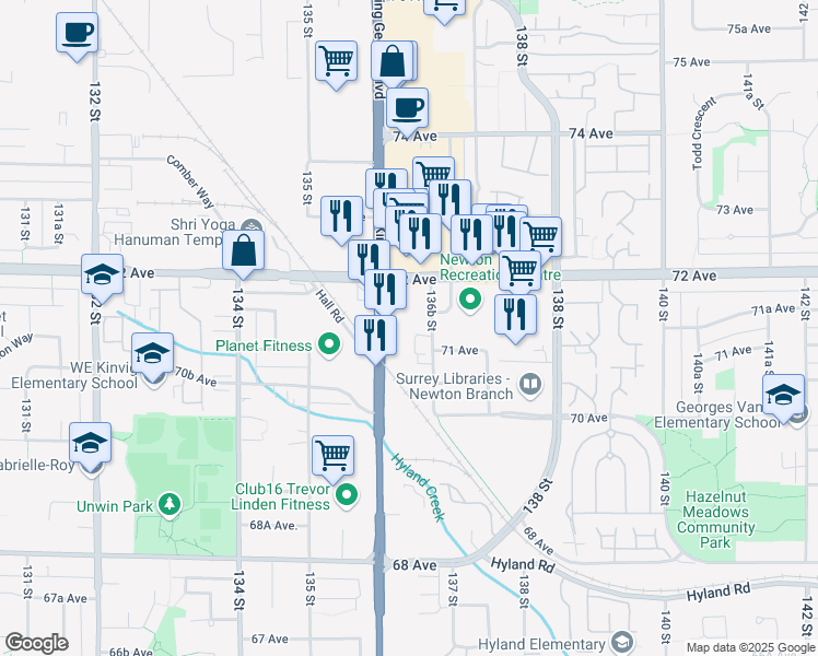 map of restaurants, bars, coffee shops, grocery stores, and more near 7134 King George Boulevard in Surrey