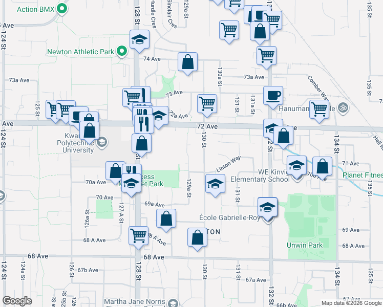 map of restaurants, bars, coffee shops, grocery stores, and more near 7106 129A Street in Surrey