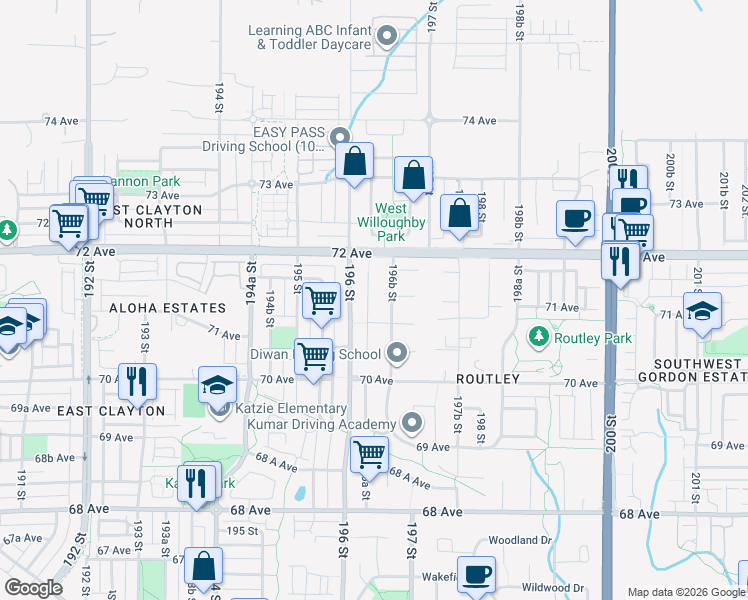 map of restaurants, bars, coffee shops, grocery stores, and more near 7134 196A Street in Langley