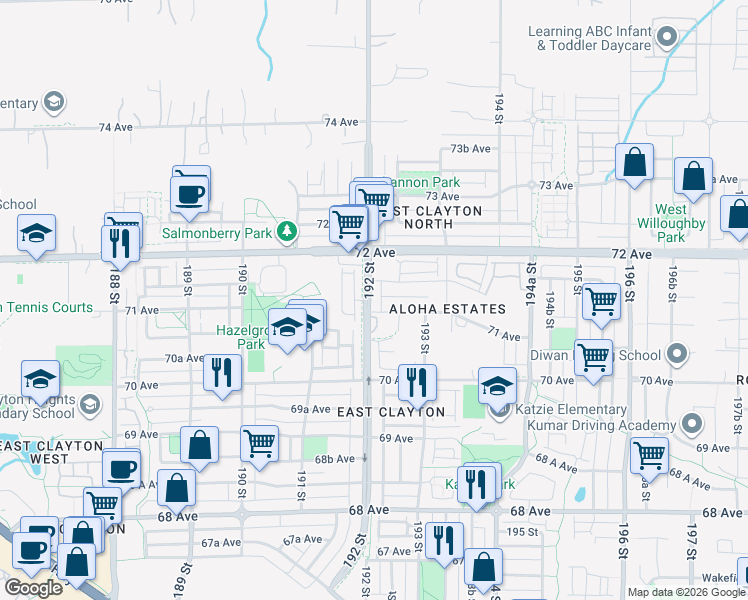 map of restaurants, bars, coffee shops, grocery stores, and more near 7124 192 Street in Surrey
