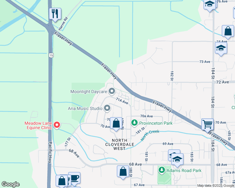 map of restaurants, bars, coffee shops, grocery stores, and more near 7177 179 Street in Surrey