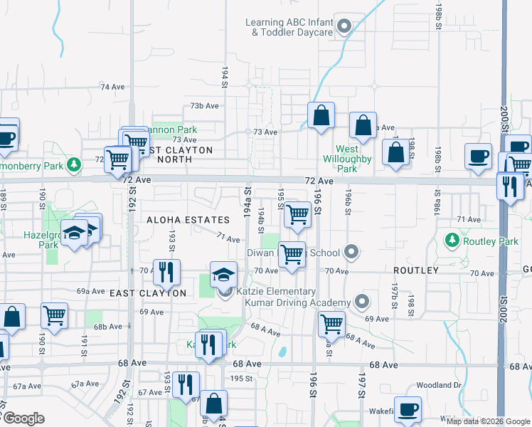 map of restaurants, bars, coffee shops, grocery stores, and more near 7130 194B Street in Surrey