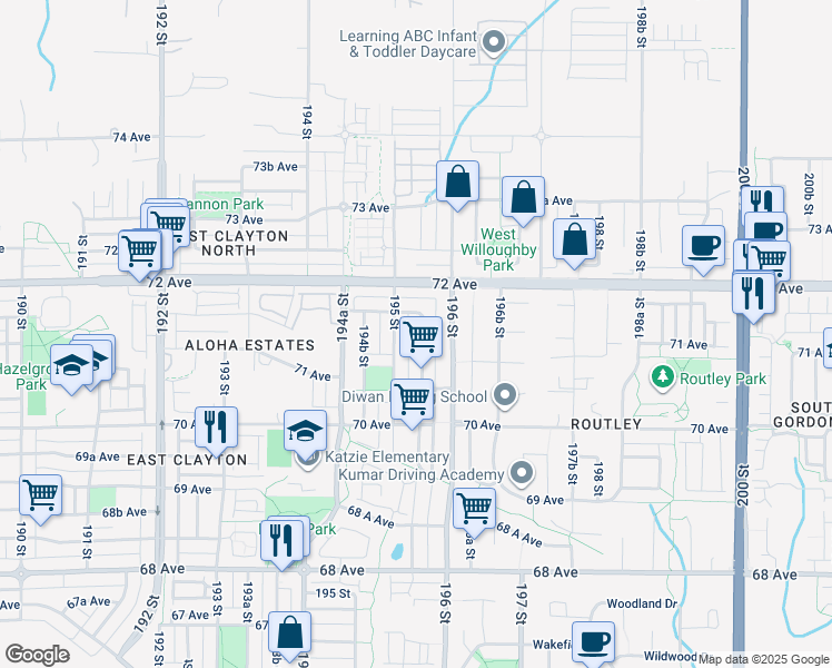 map of restaurants, bars, coffee shops, grocery stores, and more near 7121 195A Street in Surrey
