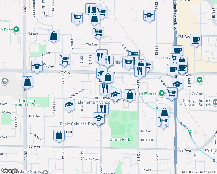 map of restaurants, bars, coffee shops, grocery stores, and more near in Surrey