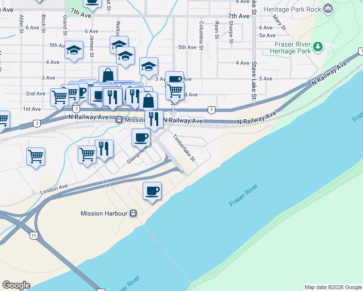 map of restaurants, bars, coffee shops, grocery stores, and more near 7202 Timberlake Street in Mission