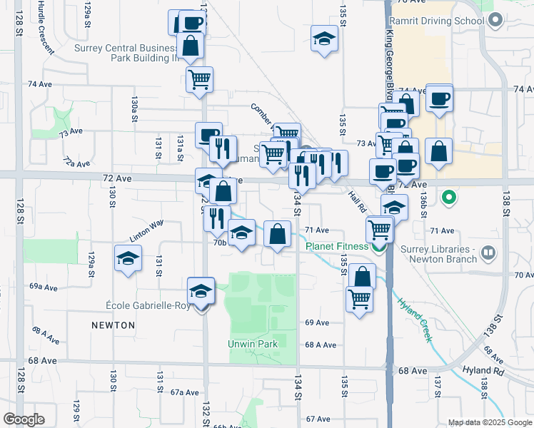 map of restaurants, bars, coffee shops, grocery stores, and more near 7131 133A Street in Surrey