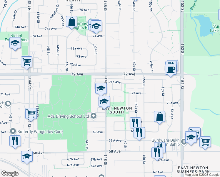 map of restaurants, bars, coffee shops, grocery stores, and more near 7119 148A Street in Surrey